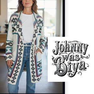 Johnny Was Biya Lela Cardigan Wrap Coat with multicolor southwest embroidery Med